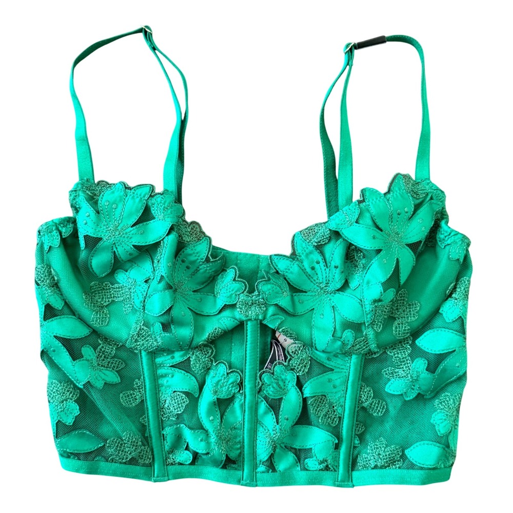 Victorias Secret Emerald‎ Green Floral Applique Mesh Corset Bustier Top XS NEW